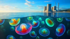 Illustration de la centrale nucléaire de Gravelines mise à l'arrêt par une invasion de méduses.