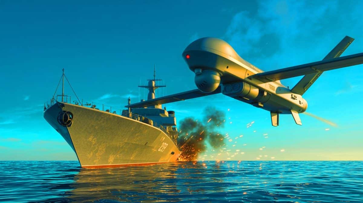 Ce drone ukrainien détruit un navire russe de 60 millions $ et déclenche une nouvelle crise militaire en mer Noire Illustration de l'attaque d'un drone ukrainien sur un navire russe en mer Noire.