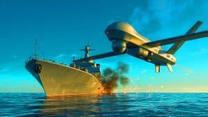 Ce drone ukrainien détruit un navire russe de 60 millions $ et déclenche une nouvelle crise militaire en mer Noire Illustration de l'attaque d'un drone ukrainien sur un navire russe en mer Noire.