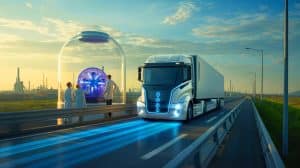 Illustration de camions de transport stationnés, symbolisant l'impact potentiel des nouvelles technologies de piles à hydrogène sur le secteur des transports lourds.