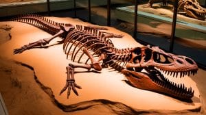 Illustration de Joaquinraptor casali tenant un os de crocodile dans ses mâchoires en Patagonie.