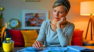 Illustration de Corinne, ancienne auxiliaire de vie, réfléchissant aux défis financiers de sa retraite.