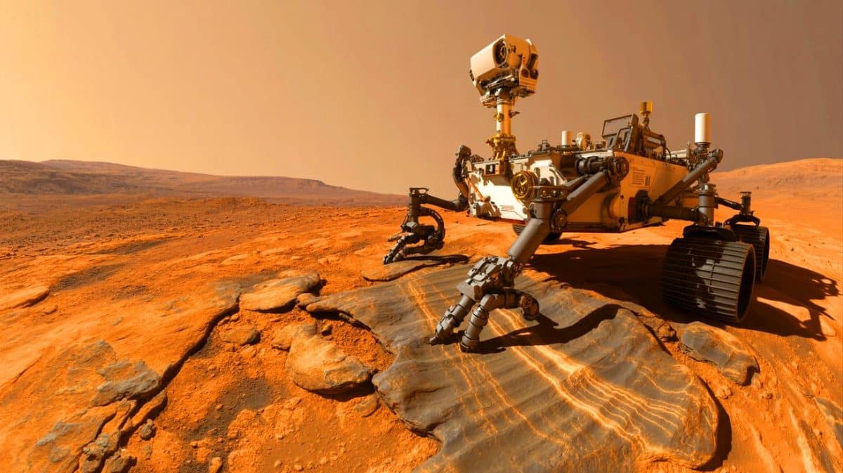 Illustration de la découverte de formations rocheuses intrigantes par le rover Perseverance sur Mars.