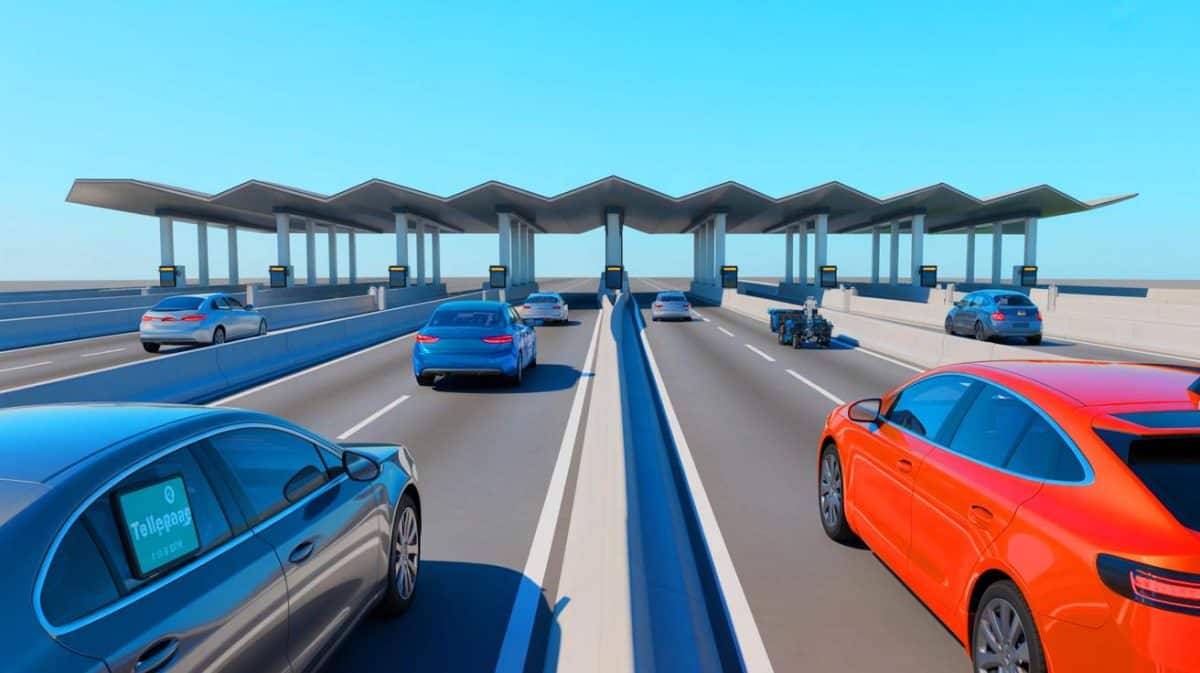 « Oubliez l’attente au péage » : le paiement en flux libre transforme l’expérience des automobilistes avec une simplicité inédite Illustration de l'automobiliste utilisant le badge télépéage sur une autoroute à flux libre.