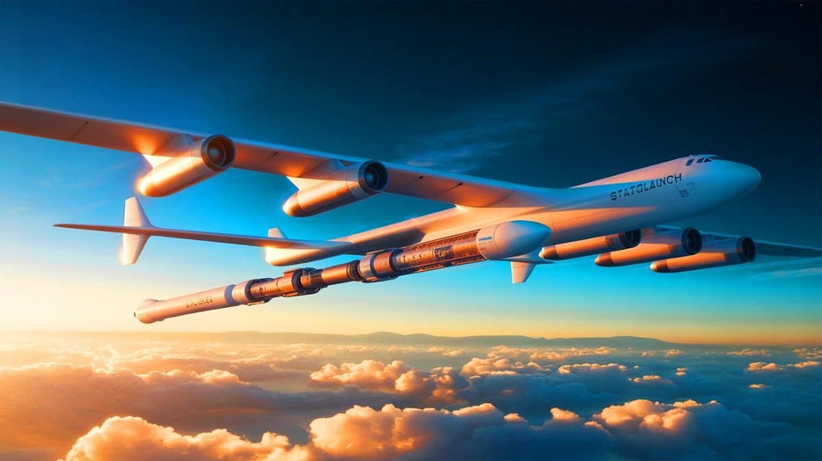 Illustration de l'avion Stratolaunch en mission de lancement de fusées depuis les airs.