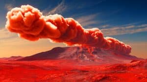 Illustration de la formation annuelle du nuage long de 1800 kilomètres au-dessus du volcan Arsia Mons sur Mars.