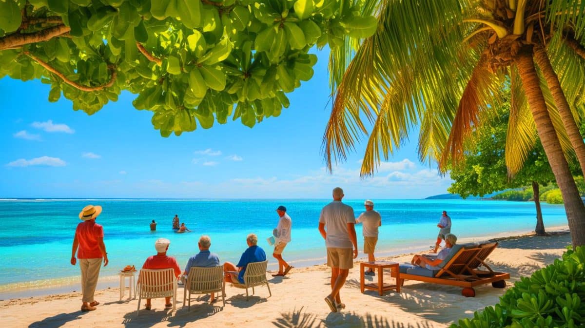 « Vivre sa retraite sur une île paradisiaque » : Maurice combine climat tropical, fiscalité avantageuse et accueil chaleureux des habitants Illustration de retraités français profitant de leur nouvelle vie à l'île Maurice.