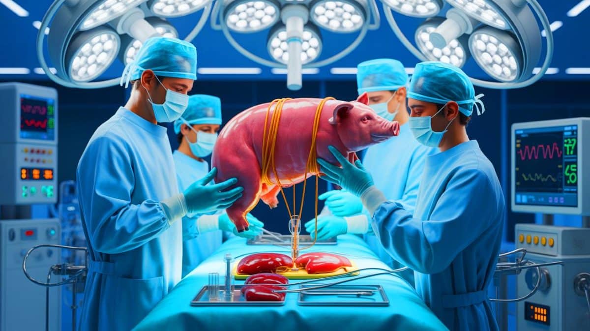 « Une greffe de foie de porc sur un humain réussit » : la Chine signe une prouesse scientifique inédite dans l’histoire de la médecine Illustration de la transplantation d'un foie de porc génétiquement modifié dans un patient vivant en Chine.