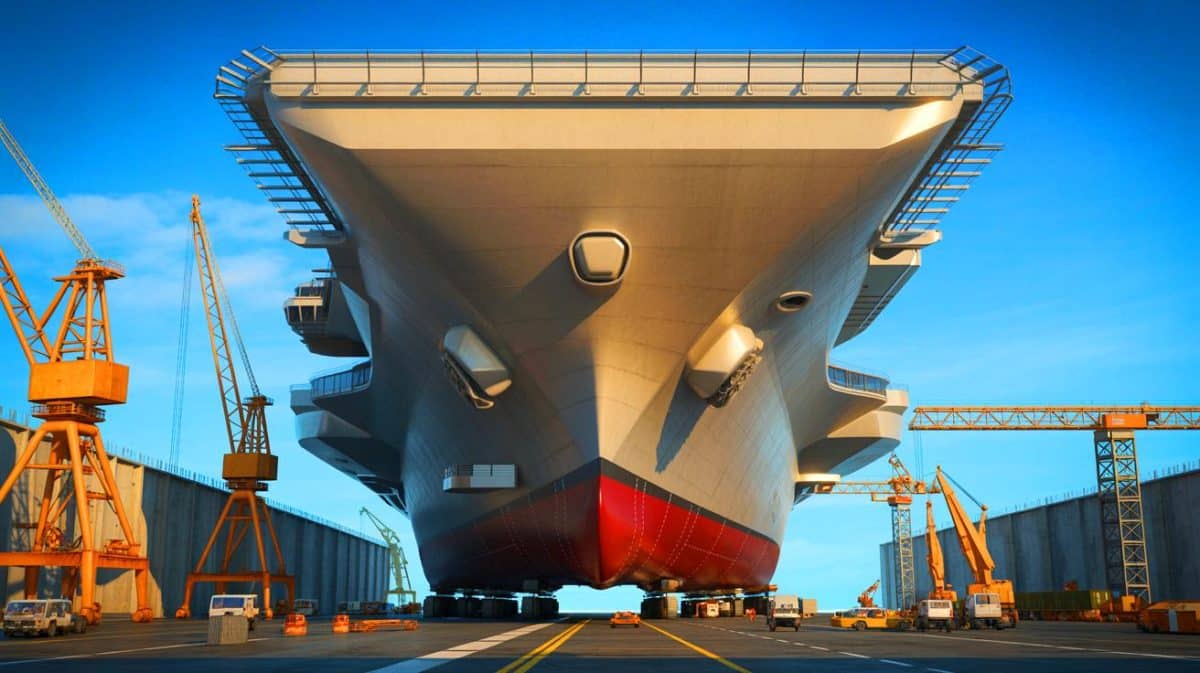 « Ce mastodonte naval français va dominer l’Europe » : le plus grand porte-avions jamais construit promet une révolution militaire en mer Illustration de la construction du futur porte-avions français, symbole de puissance et d'innovation pour la défense nationale.