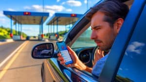 Illustration de l'arnaque au télépéage menaçant les automobilistes avec des SMS frauduleux.