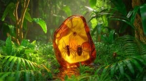« Une toile d’araignée figée depuis 112 millions d’années » : une découverte fascinante révèle la vie du Crétacé en Amazonie Illustration de la découverte d'insectes et d'une toile d'araignée dans de l'ambre vieux de 112 millions d'années.