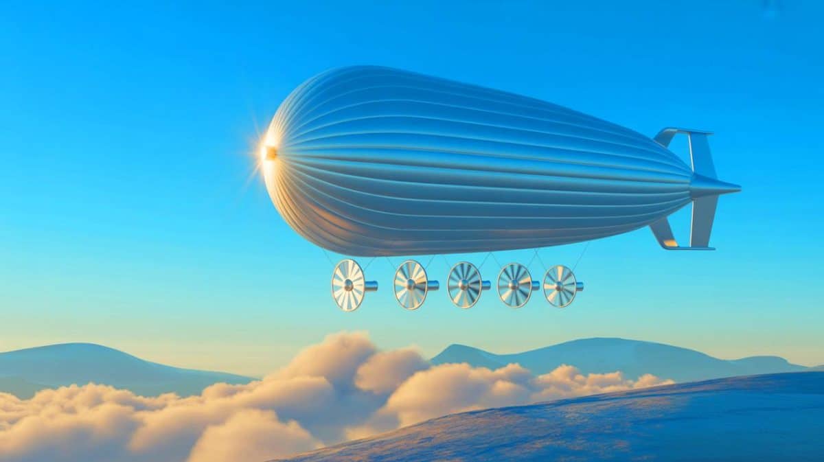 « La Chine fait voler la plus grande éolienne flottante du monde » : le dirigeable S1500 capte l’énergie des courants-jets Illustration de la turbine éolienne flottante S1500 exploitant les vents de haute altitude en Chine.