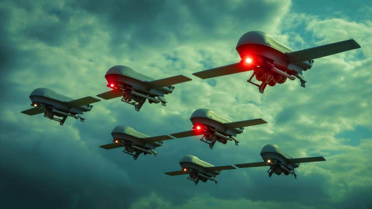 Illustration de drones de combat modernes survolant un champ de bataille.