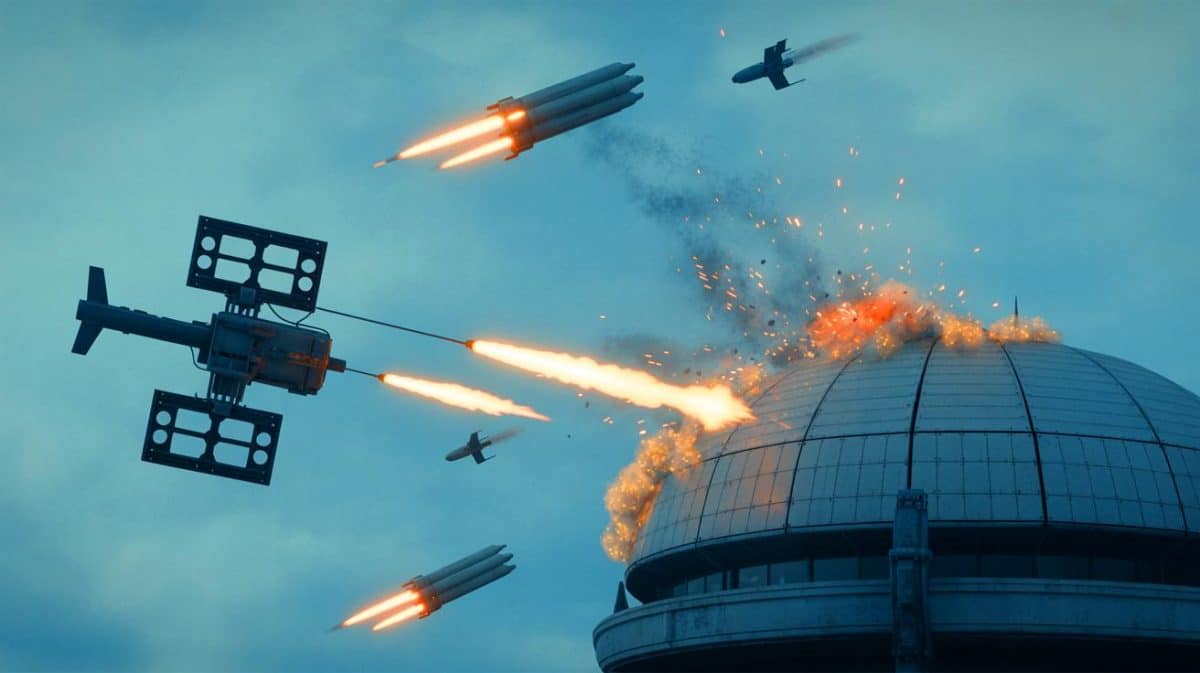 « Le Sky Sphere, un bouclier contre les drones » : un système modulaire capable de neutraliser toute menace jusqu’à 5 km Illustration de l'utilisation du Sky Sphere avec le CICADA eMissile pour neutraliser les drones.