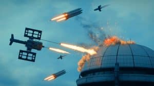 « Le Sky Sphere, un bouclier contre les drones » : un système modulaire capable de neutraliser toute menace jusqu’à 5 km Illustration de l'utilisation du Sky Sphere avec le CICADA eMissile pour neutraliser les drones.