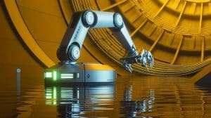 Illustration de l'innovation technologique du robot A-UT inspectant une cuve de réacteur nucléaire.