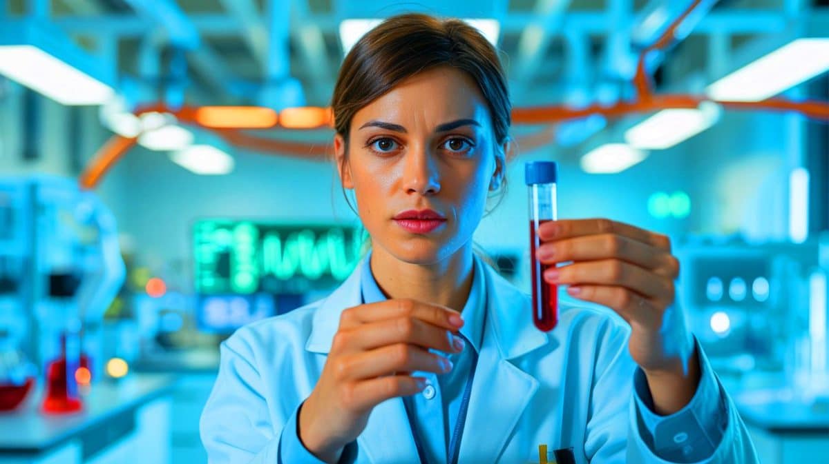 Illustration de l'innovation médicale avec un test sanguin révolutionnaire pour diagnostiquer le syndrome de fatigue chronique.