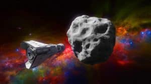 Illustration de la déviation d'un astéroïde grâce à une mission spatiale.