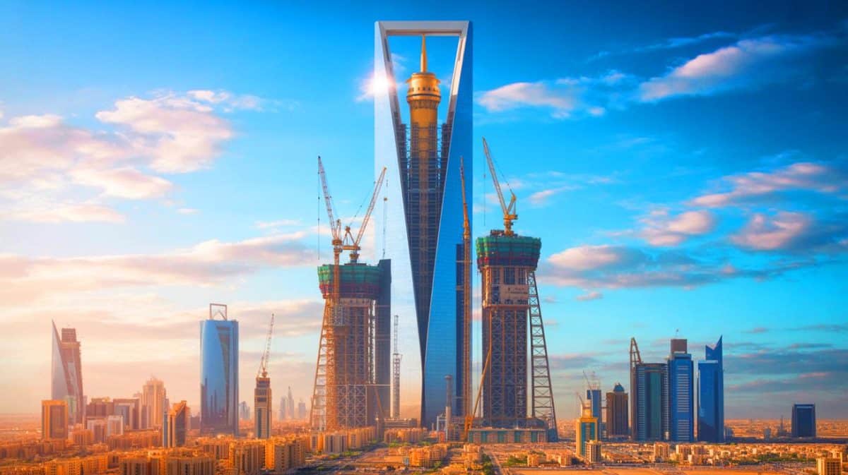Illustration de la Jeddah Tower en construction, symbole de l'ambition architecturale et économique de l'Arabie saoudite.