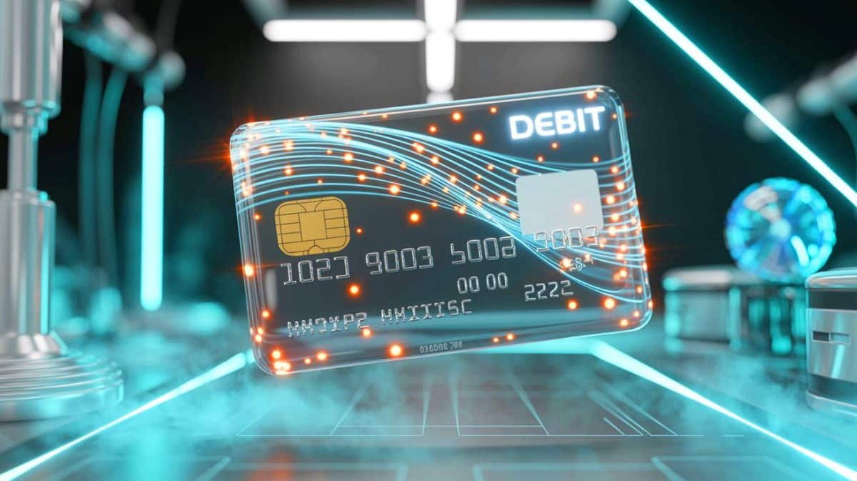Illustration de la carte de débit quantique utilisant des atomes refroidis pour sécuriser les transactions financières.