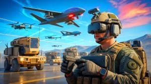 « L’armée américaine de 2030 se dévoile » : technologies futuristes, drones autonomes et soldats augmentés en première ligne Illustration de l'armée américaine se préparant à intégrer des technologies avancées pour 2030.