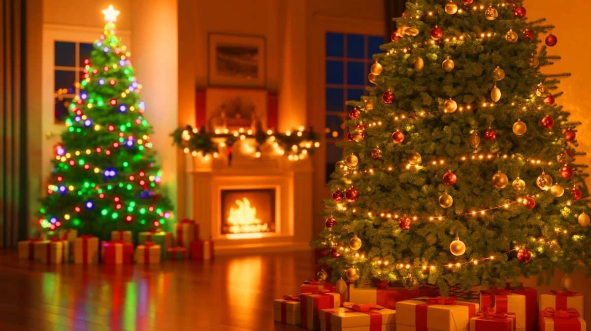 Illustration de l'achat de sapins de Noël, entre options naturelles et artificielles.