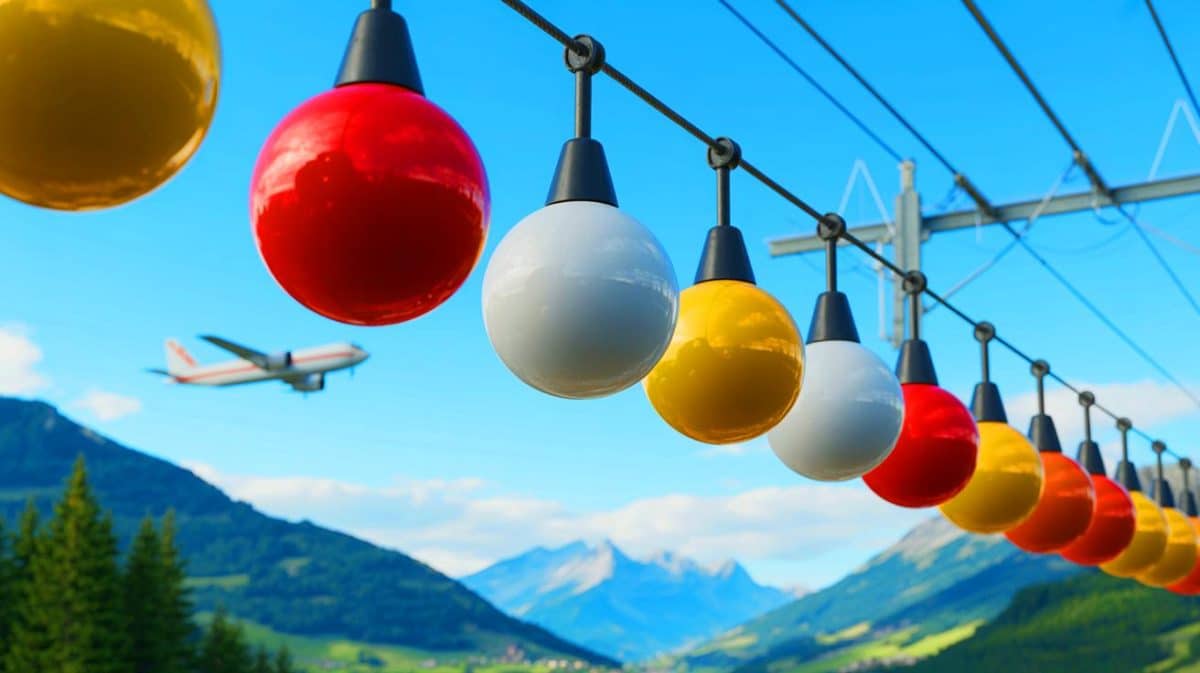 Boules sur lignes électriques : découvrez leur rôle essentiel pour notre sécurité et la protection de la faune aérienne Illustration de boules colorées sur les lignes électriques pour la sécurité aérienne et la protection des oiseaux.