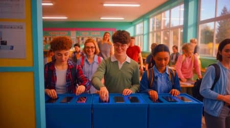 Illustration de l'interdiction des téléphones portables dans les lycées et de la limitation des réseaux sociaux pour les jeunes.