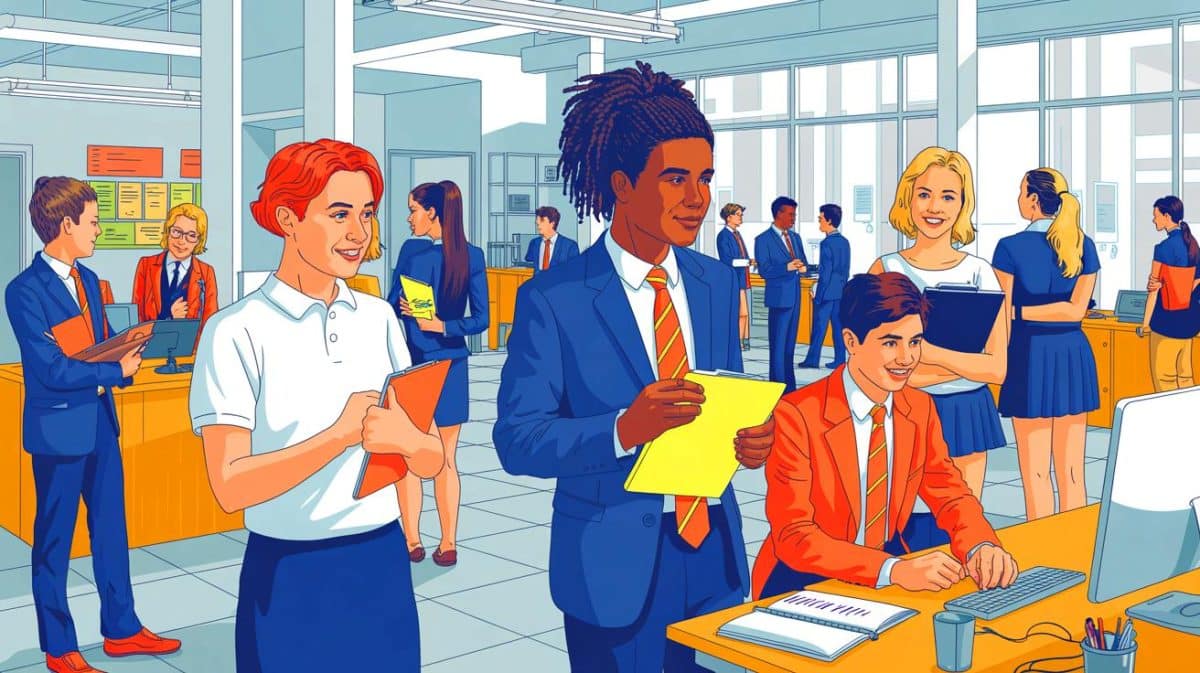 Stage obligatoire en fin de Seconde : comment les modalités en 2026 transforment l’expérience des élèves français Illustration de lycéens de Seconde en stage d'observation en entreprise.
