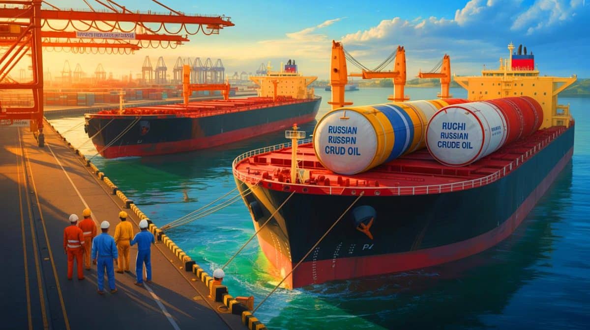 Russie : malgré les sanctions américaines, elle continue de livrer du pétrole à l’Inde, révélant des enjeux mondiaux Illustration de la livraison continue de pétrole russe à l'Inde malgré les sanctions américaines.