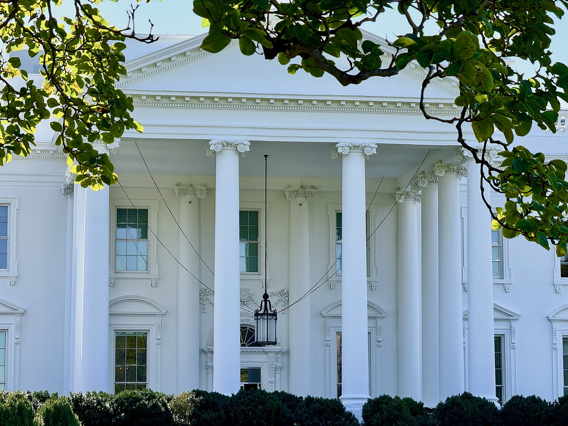 Les colonnes blanches du portique nord de la Maison-Blanche, encadrées de feuillage