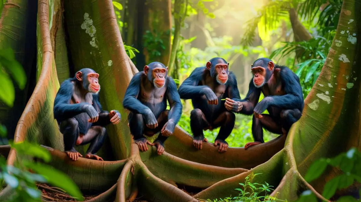 Illustration de chimpanzés utilisant des rythmes percussifs pour communiquer dans la forêt tropicale. Image réalisée par IA.