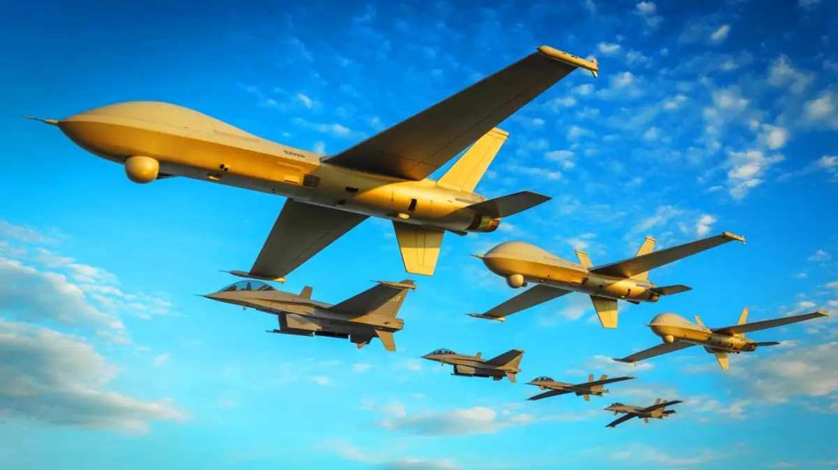 Illustration de drones de combat collaboratifs en vol aux côtés de chasseurs pilotés. Image réalisée par IA.