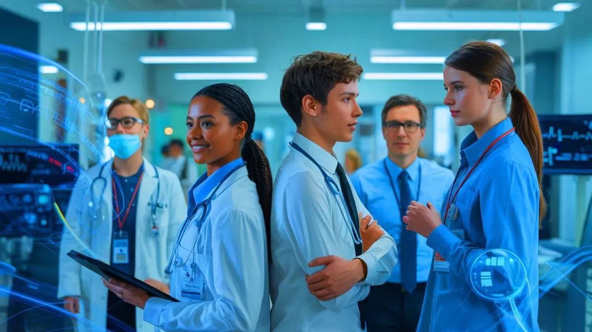 Illustration de jeunes diplômés américains se tournant vers le secteur de la santé au détriment des grandes entreprises technologiques. Image réalisée par IA.
