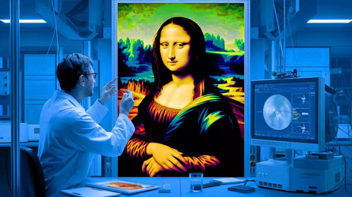 Illustration de l'analyse chimique d'un fragment de peinture de la Joconde révélant les techniques de Léonard de Vinci (création par IA, illustration non réaliste). Crédit : Ideogram.