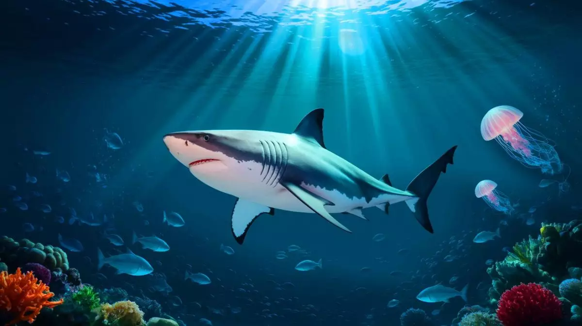 Illustration de grands requins blancs explorant les profondeurs océaniques (création par IA, illustration non réaliste). Crédit : Ideogram.