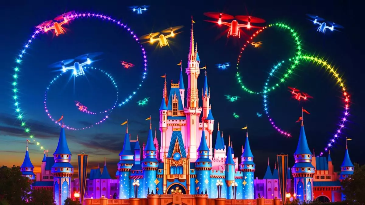 Illustration de l'impressionnant spectacle lumineux de drones organisé par Lumasky lors de l'ouverture de Disneyland Abu Dhabi. Image réalisée par IA.