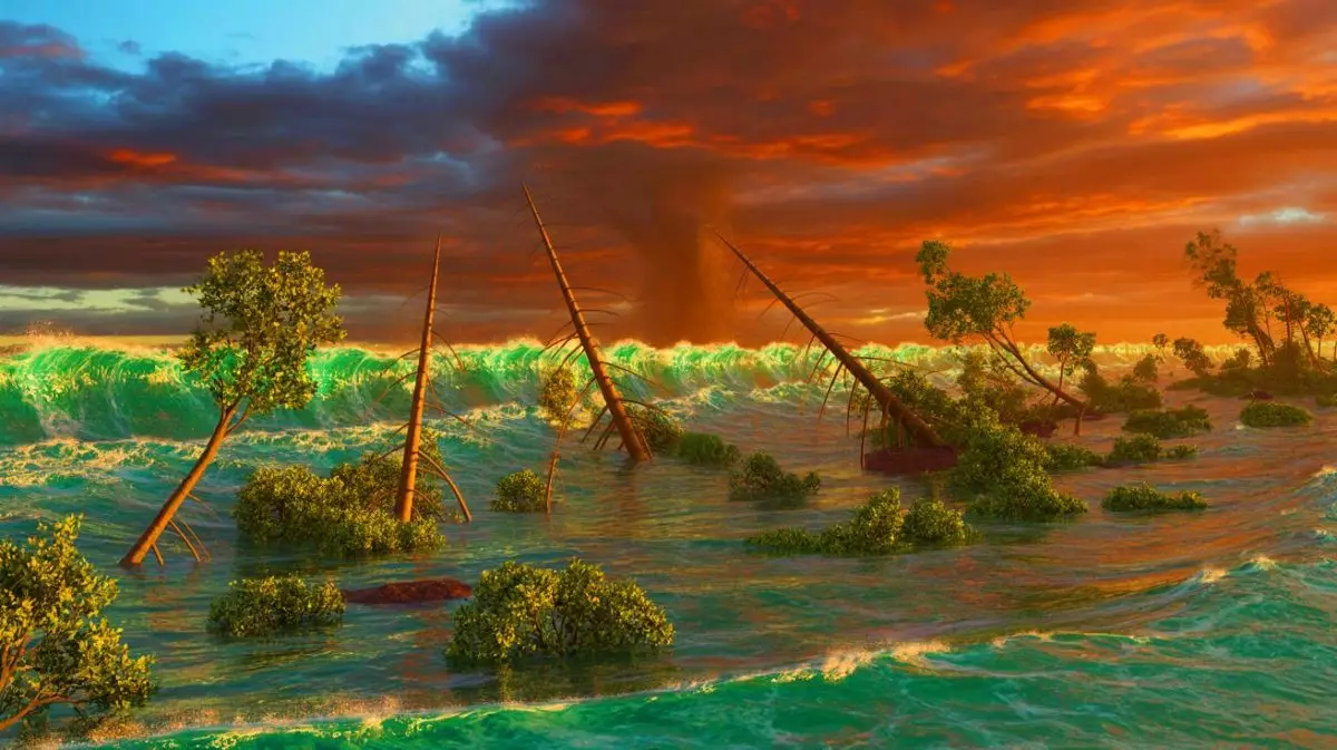 Illustration de la découverte de preuves de tsunamis de l'ère des dinosaures dans de l'ambre. Image réalisée par IA.