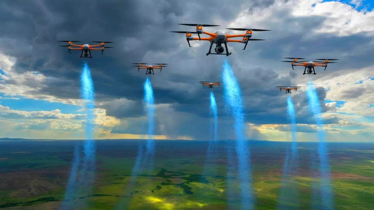 Illustration de drones ensemenceurs de nuages augmentant les précipitations dans le Xinjiang (création par IA, non réaliste). Crédit : Ideogram