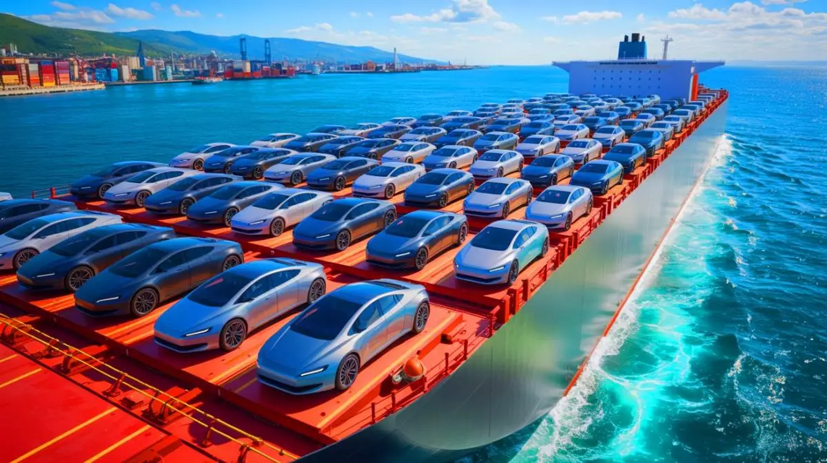 Illustration de l'expansion maritime de BYD avec le navire "Shenzhen" transportant des véhicules électriques (création par IA, non réaliste). Crédit : Ideogram
