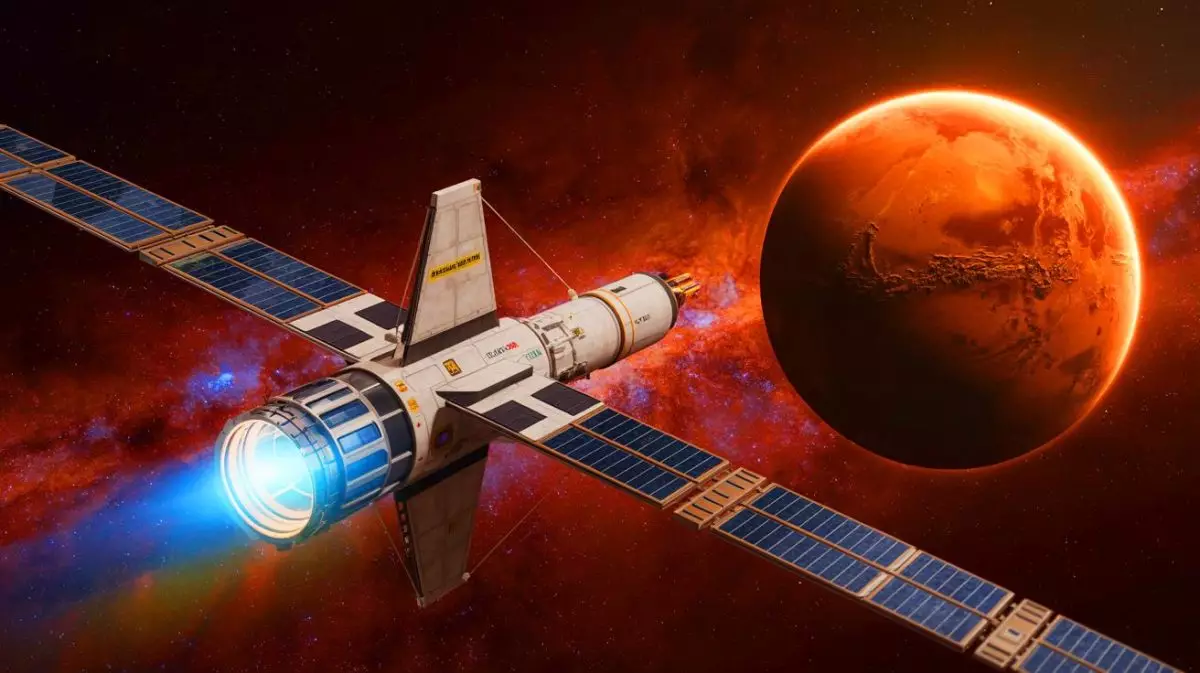 Illustration d'un vaisseau spatial propulsé par un moteur nucléaire électrique en route vers Mars. Image réalisée par IA.