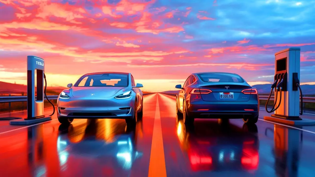 Illustration de deux modèles de Tesla parcourant 2 500 kilomètres de Berlin à Madrid. Image réalisée par IA.